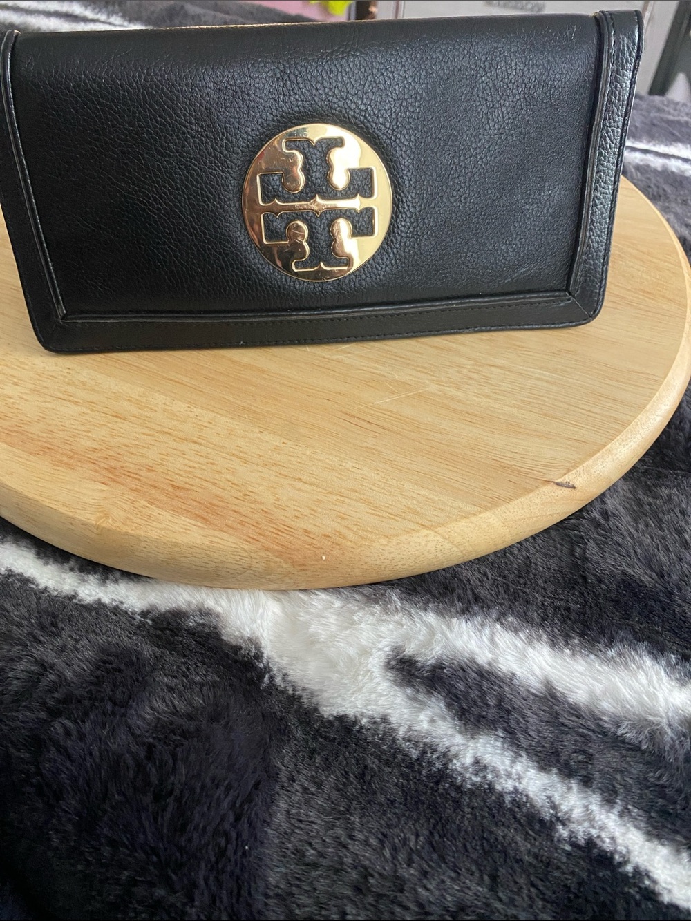 Tory Burch Black Leather Clutch with Gold Logo Medallion